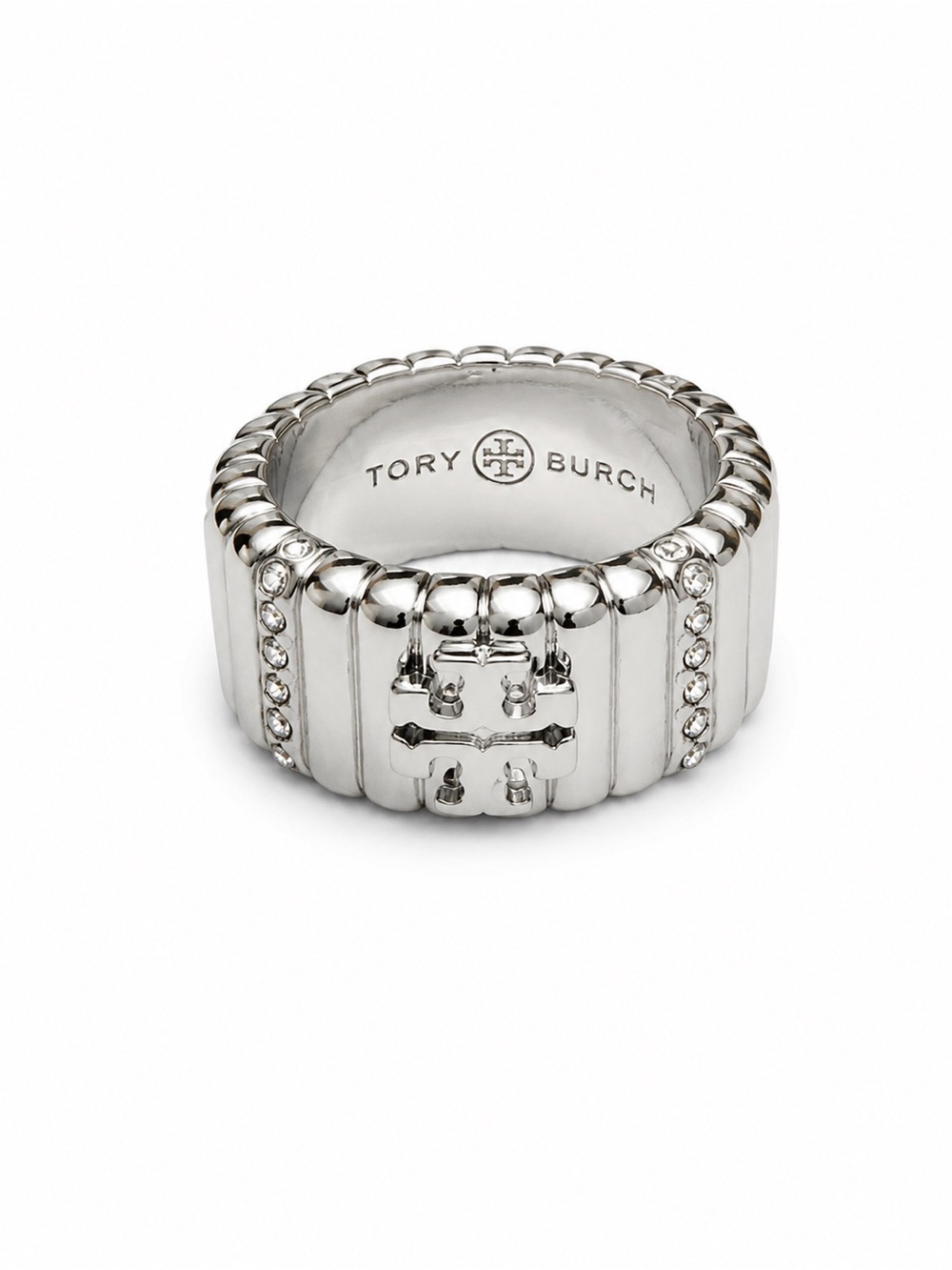 Tory Burch Britten Pave
Crystal Textured Logo Silver-Toned Band Ring Size 7 NWOT